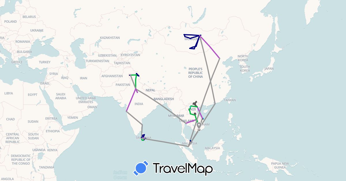 TravelMap itinerary: driving, bus, plane, cycling, train, boat, hitchhiking, motorbike in China, Hong Kong, India, Laos, Sri Lanka, Mongolia, Malaysia, Thailand, Vietnam (Asia)
